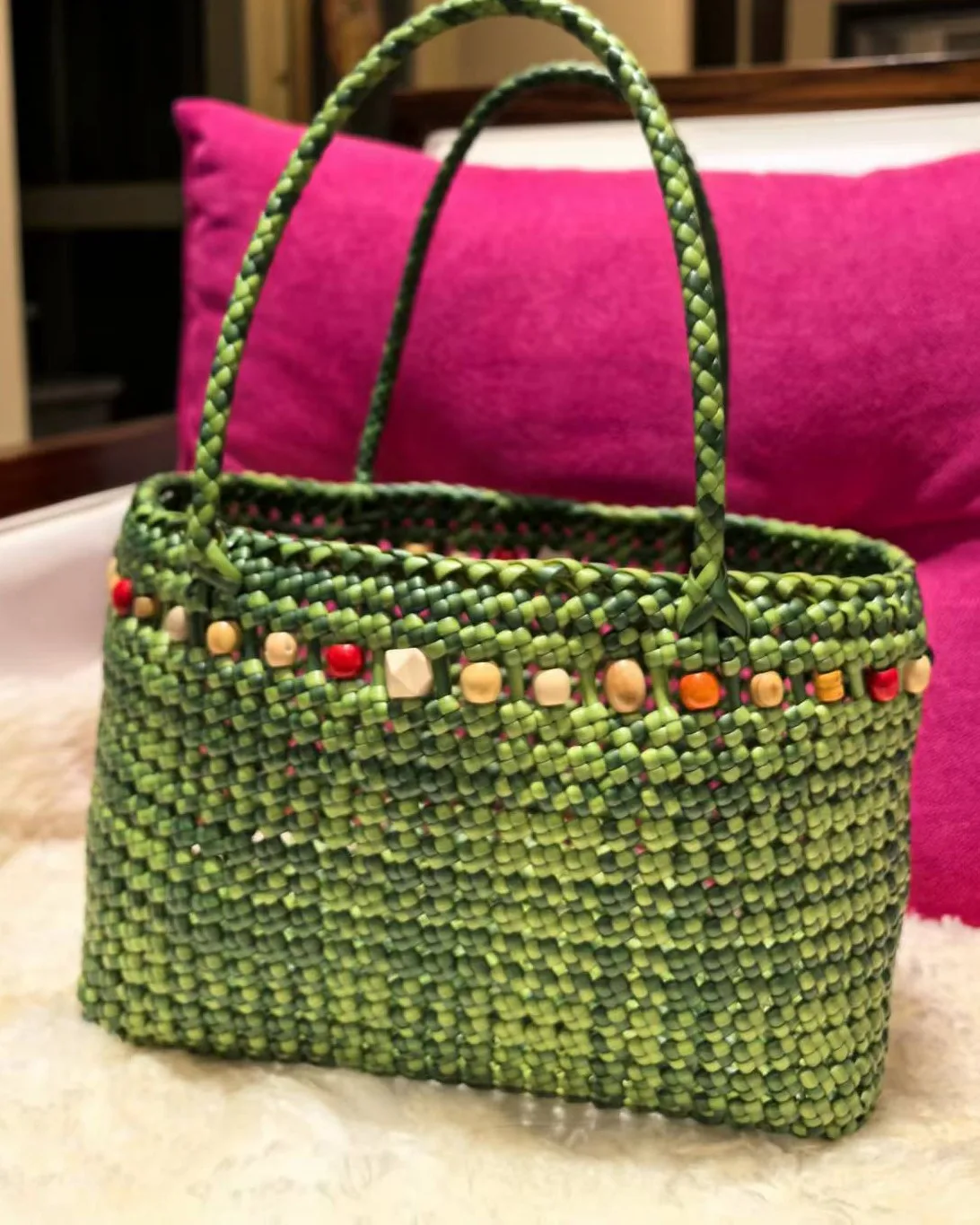 Verdant Bead-Trim Tote 翠绿木珠托特