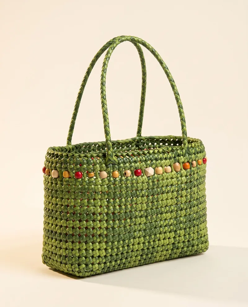 Verdant Bead-Trim Tote 翠绿木珠托特