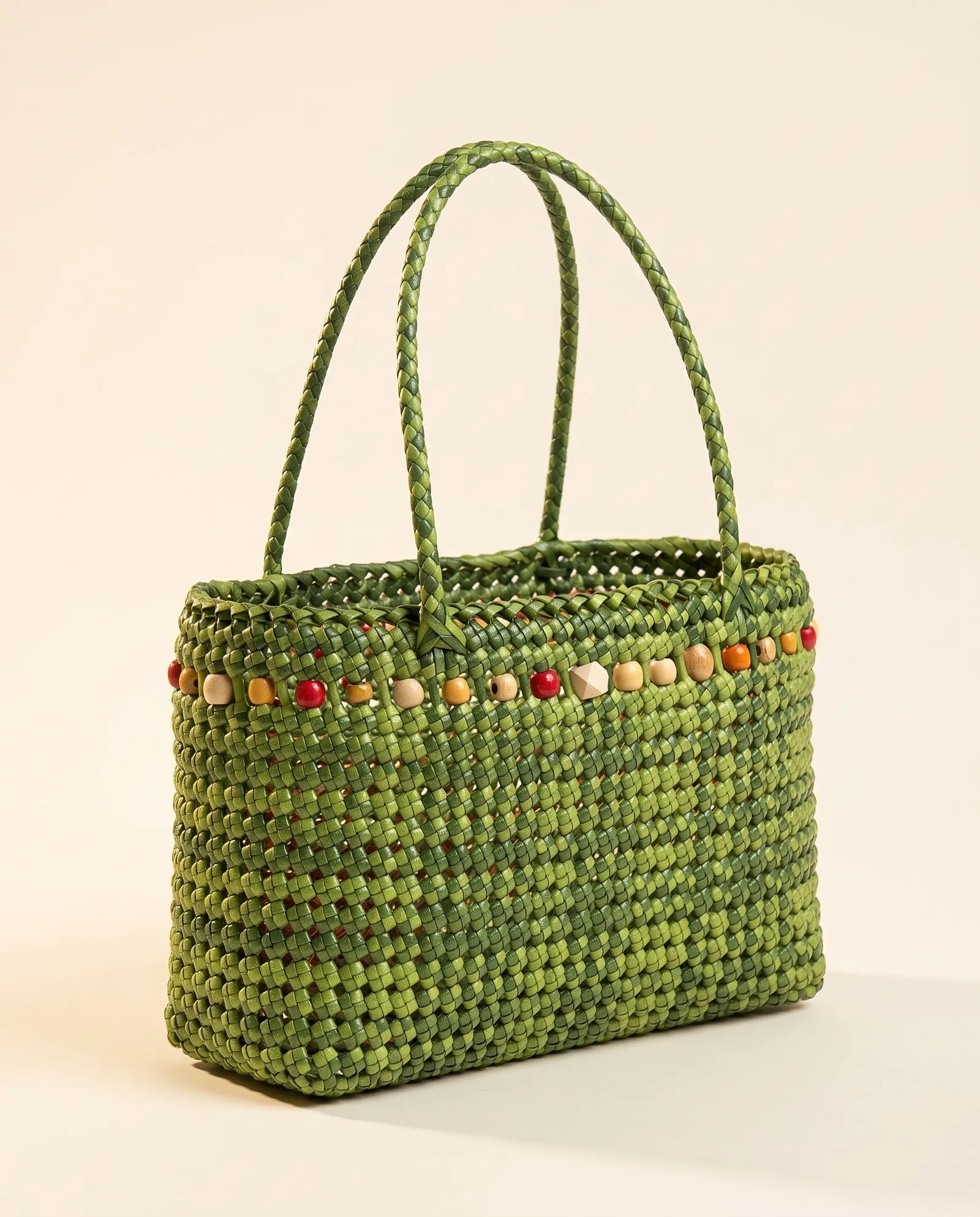 Verdant Bead-Trim Tote 翠绿木珠托特