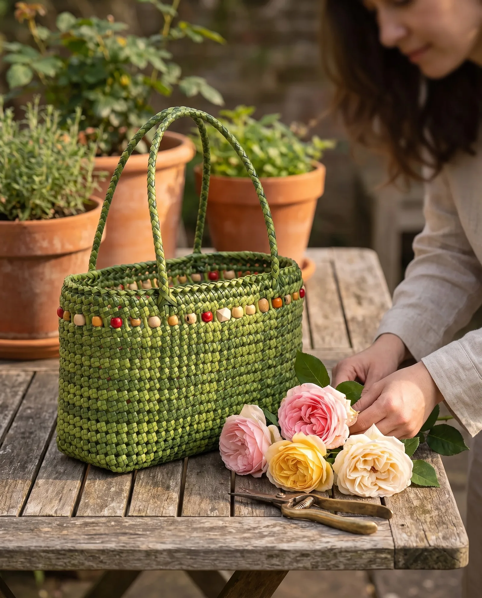 Verdant Bead-Trim Tote