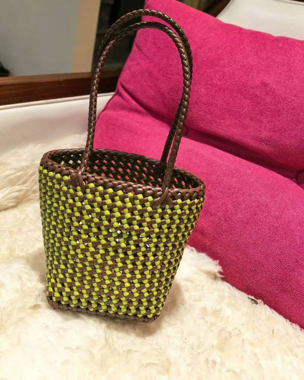 Lime Checker Bucket 青柠格纹桶包