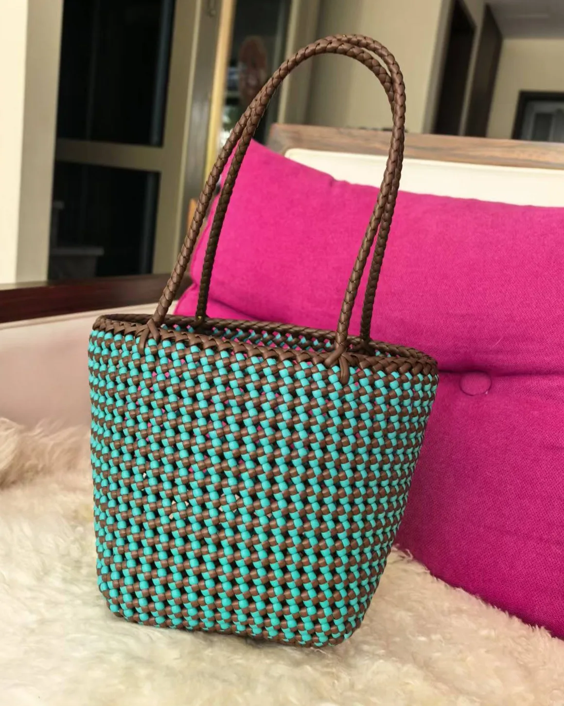 Turquoise Checker Bucket 松石格纹桶包