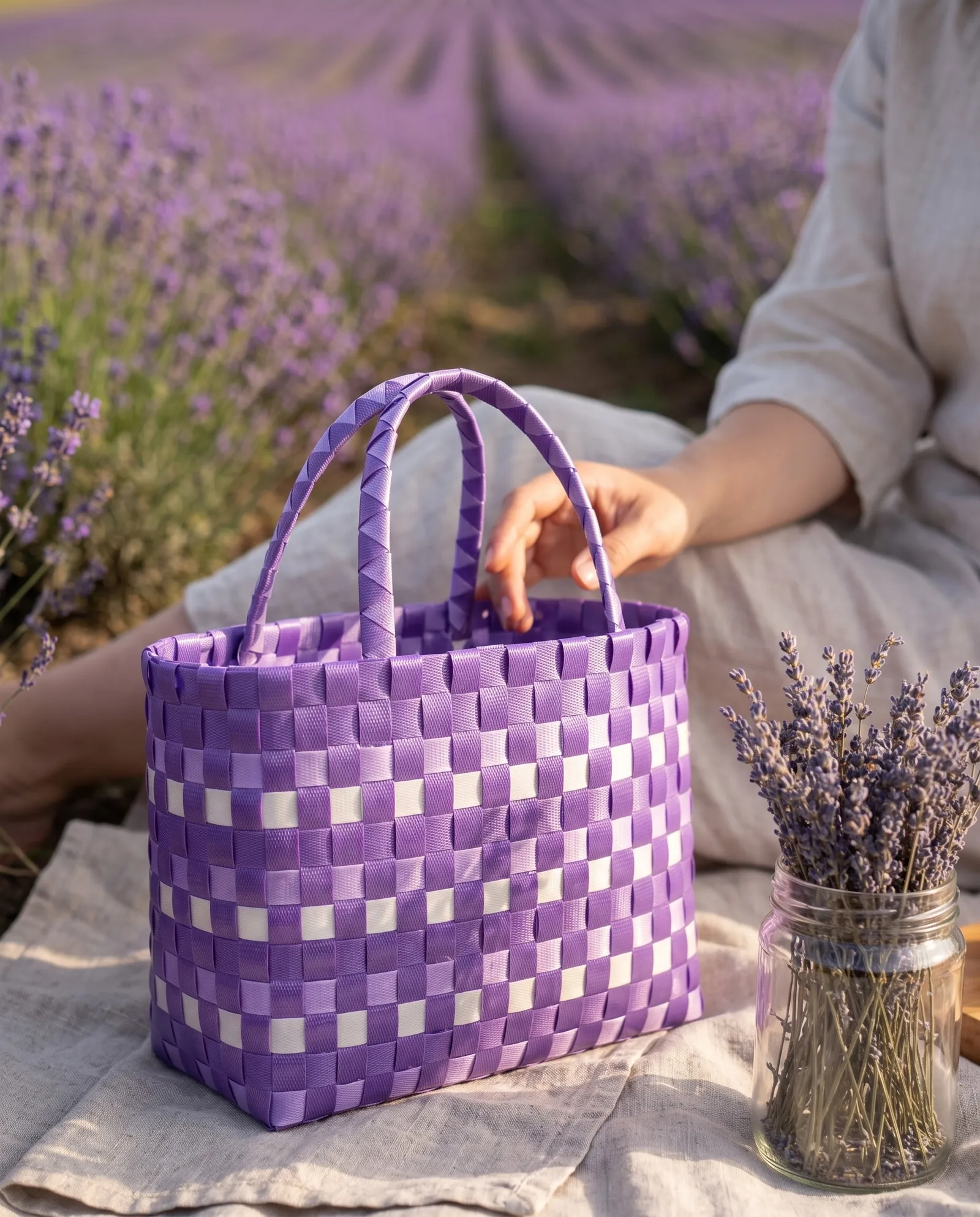 Violet Strip-Checker Tote